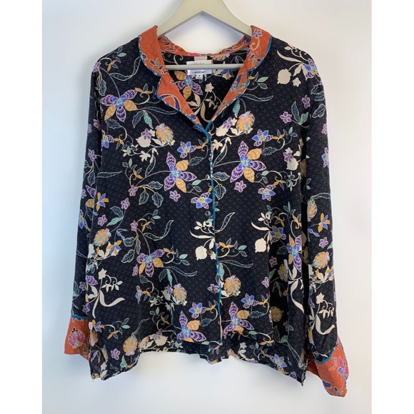 Johnny Was Tops - Johnny Was JADE Cruz Lounge Top Floral Silk Button Blouse Long Sleeve L13819 XL